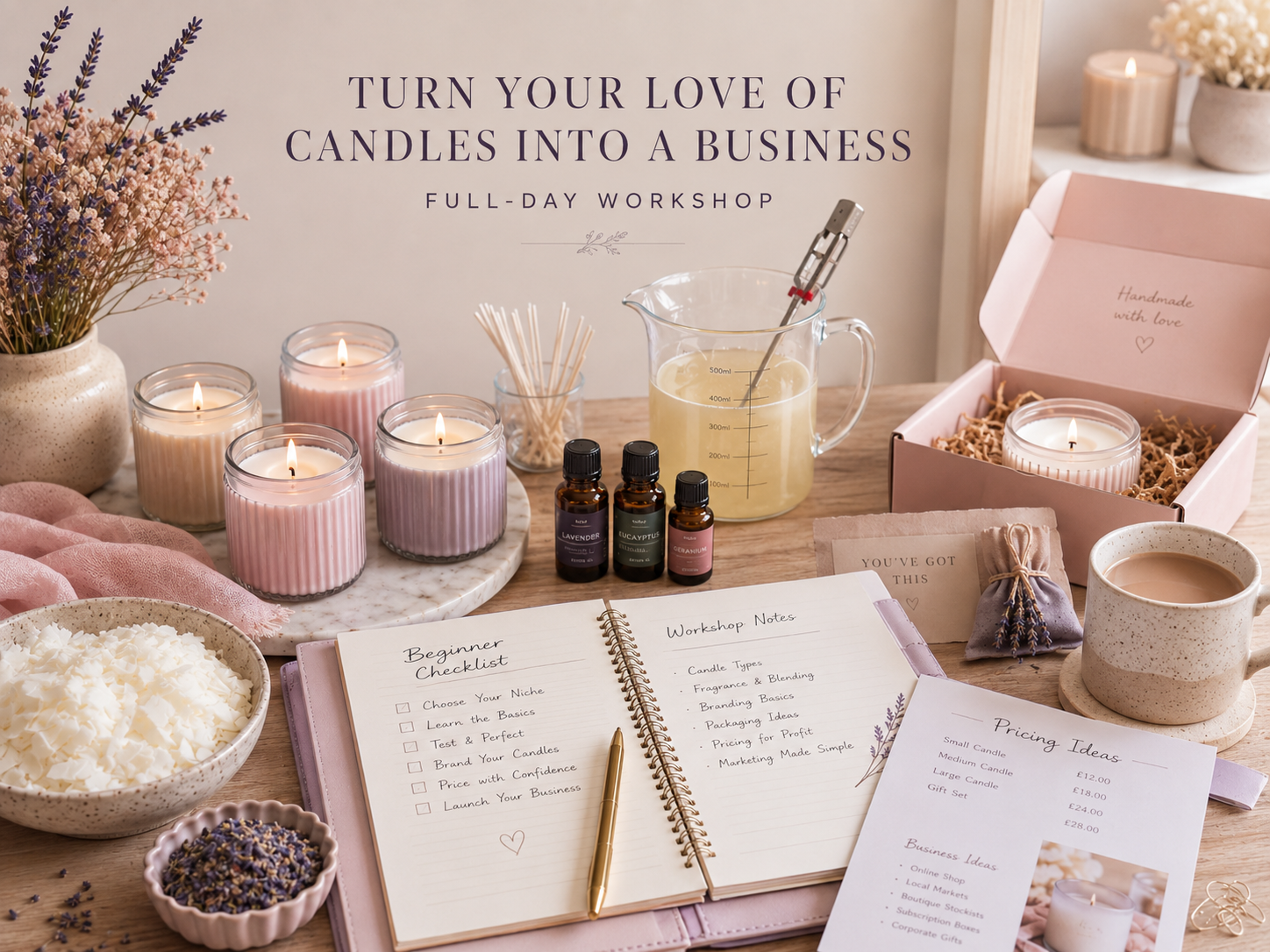 Candle-making setup with ingredients and tools on a table, including candles, essential oils, and a notebook.