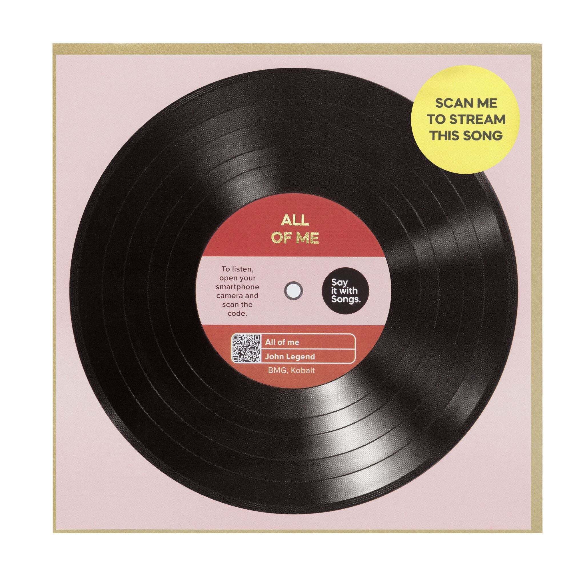 Vinyl record with a red and purple label and QR code on a purple background