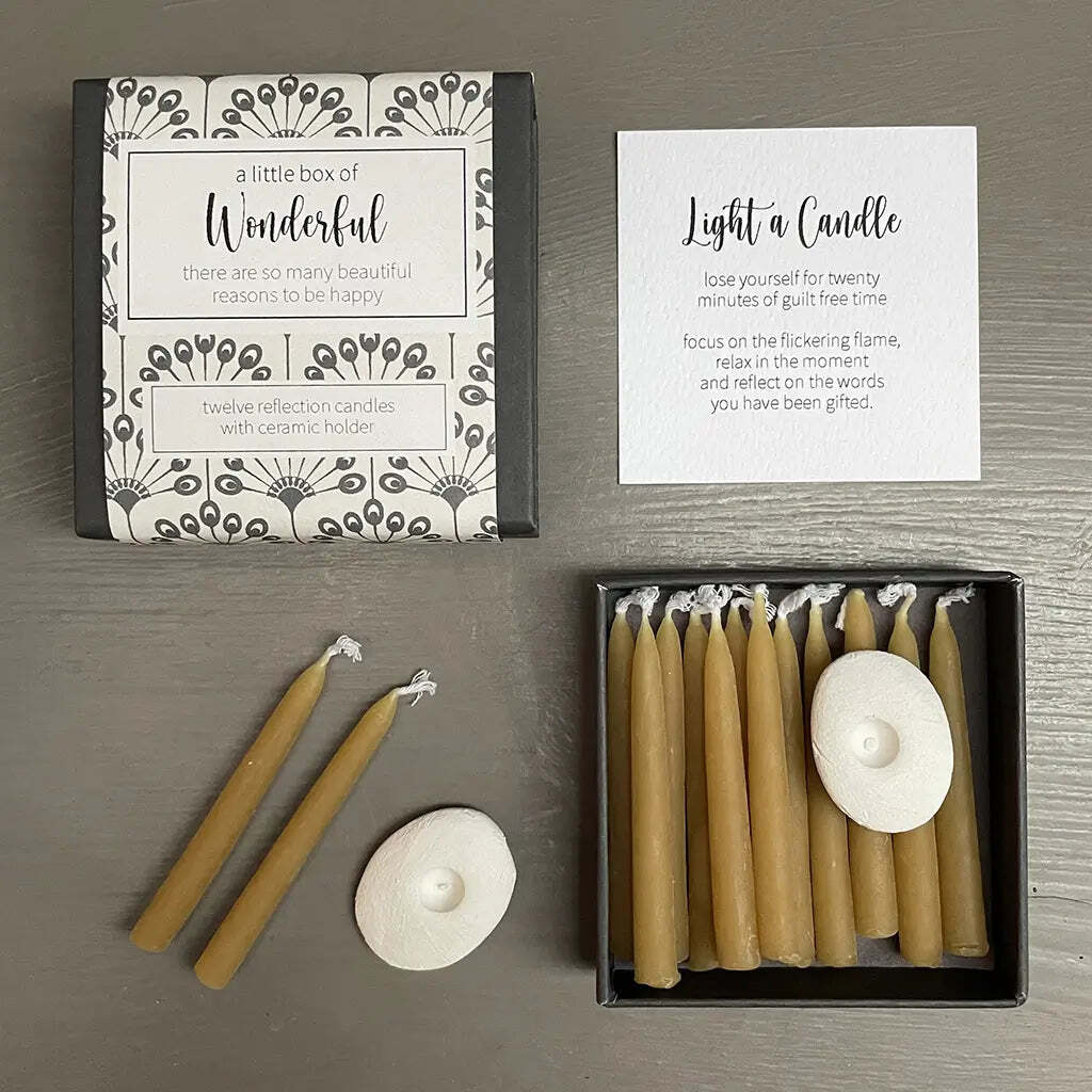 Small patterned box with beeswax candles
