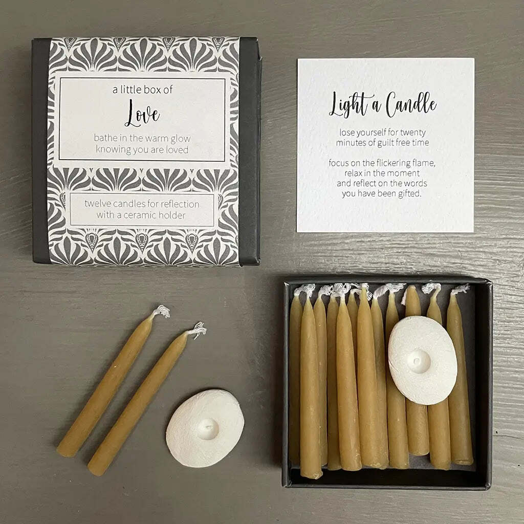 Small patterned box with beeswax candles