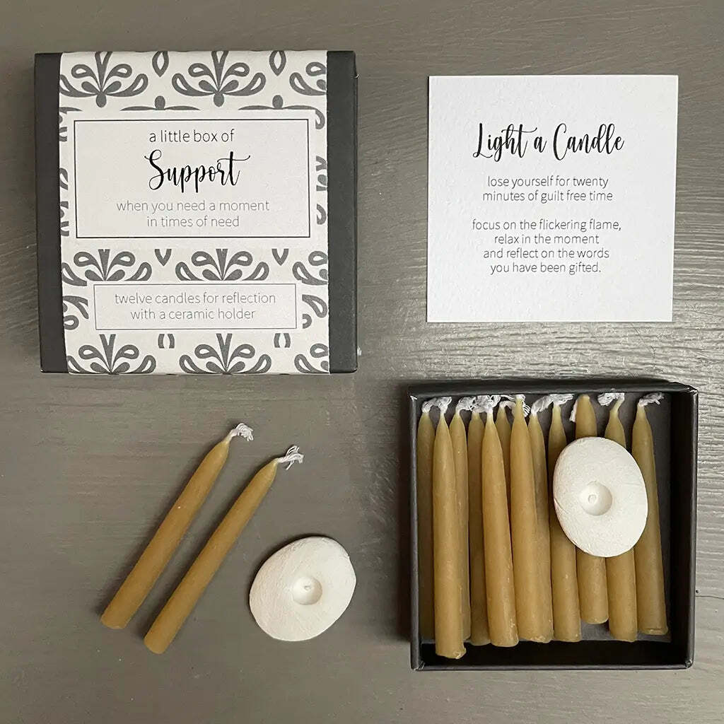 Small patterned box with beeswax candles
