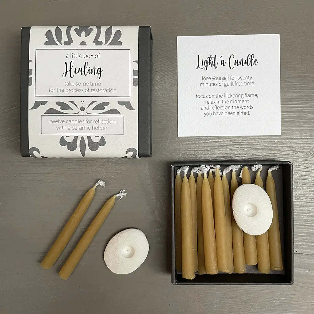 Small patterned box with beeswax candles