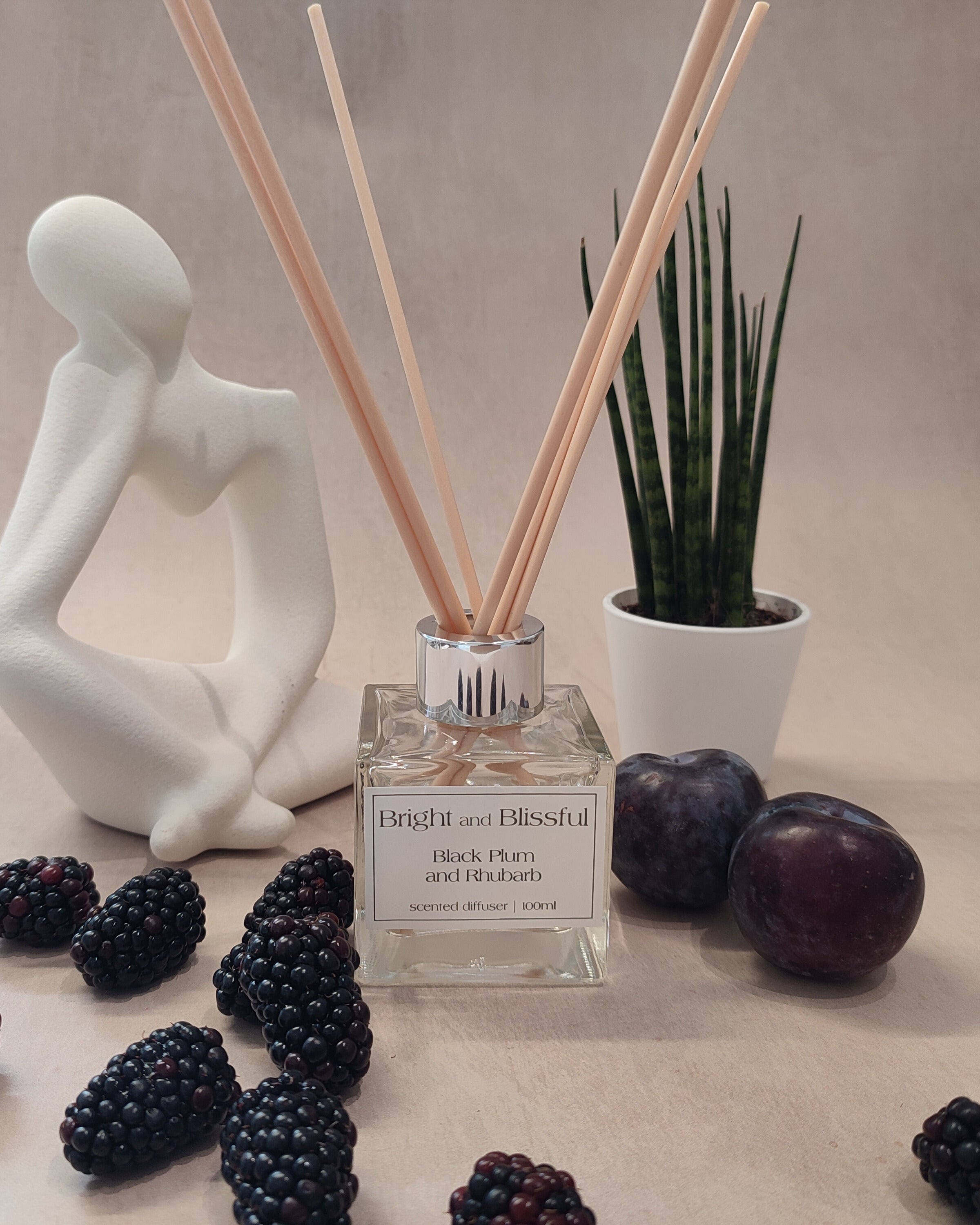 A diffuser with reeds, surrounded by blackberries, plums, and a decorative figure on a neutral background.