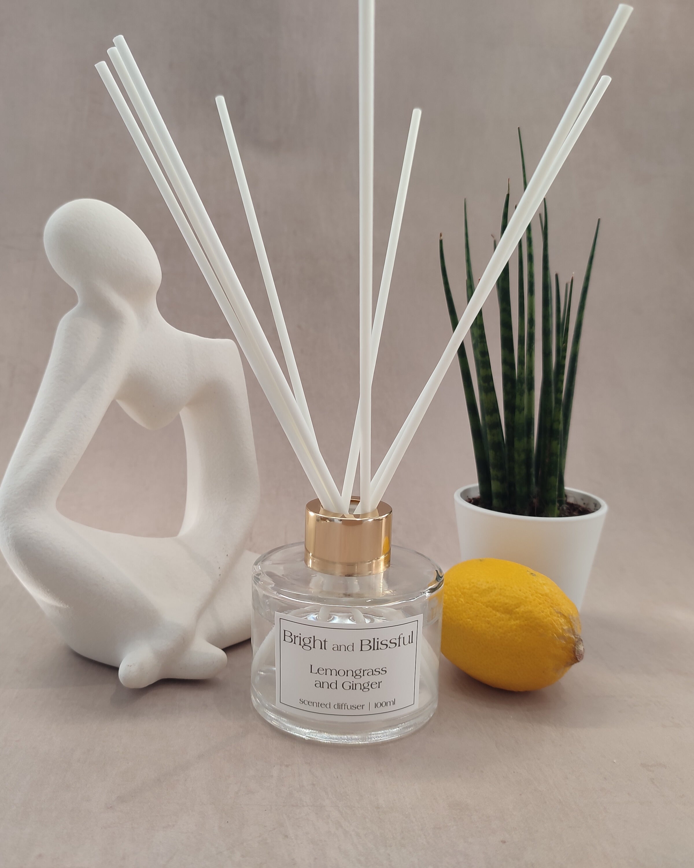 Reed diffuser with white sticks, decorative figure, lemon, and plant on a neutral background