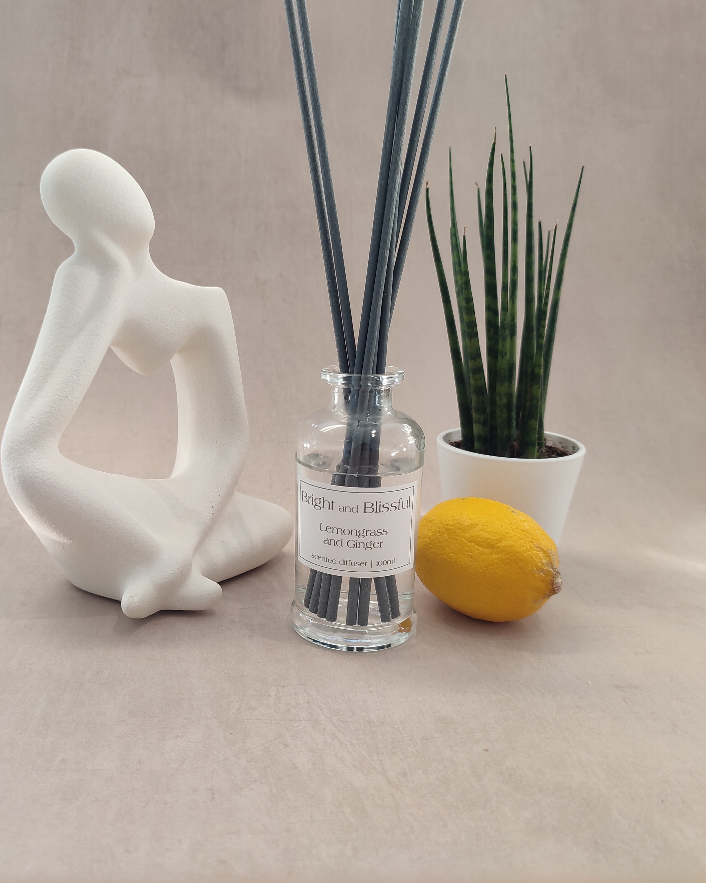 Diffuser with reeds, lemon, and plant on a neutral background