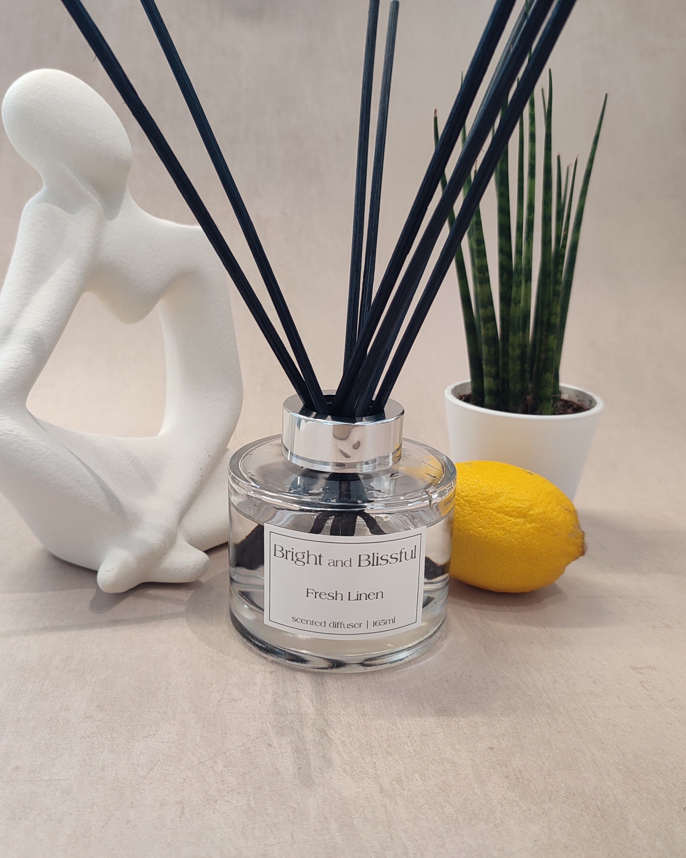 Diffuser bottle with reeds and decorative items on a neutral background
