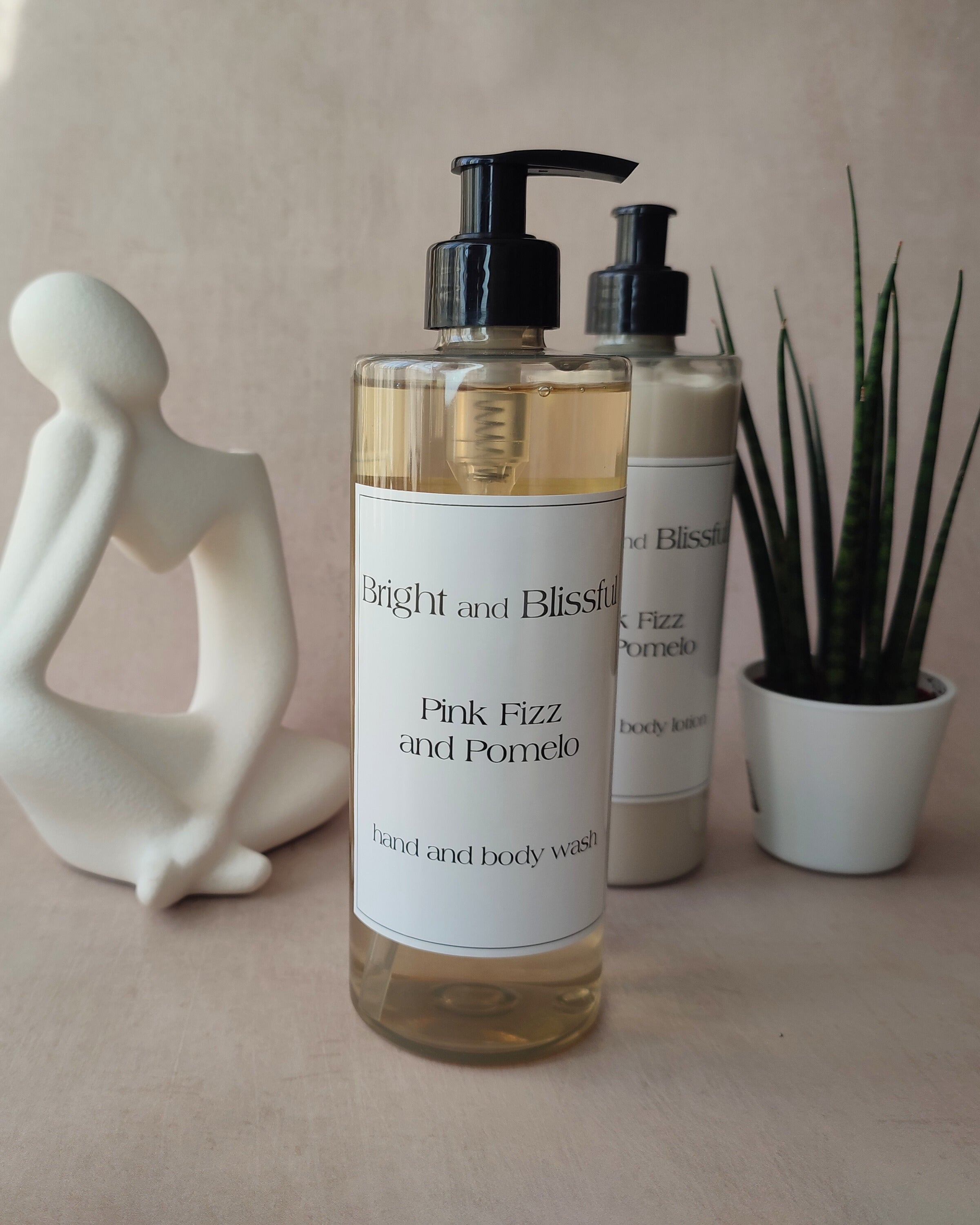 Two bottles of 'Bright and Blissful' Pink Fizz and Pomegranate hand and body wash on a surface with a plant and sculpture in the background.