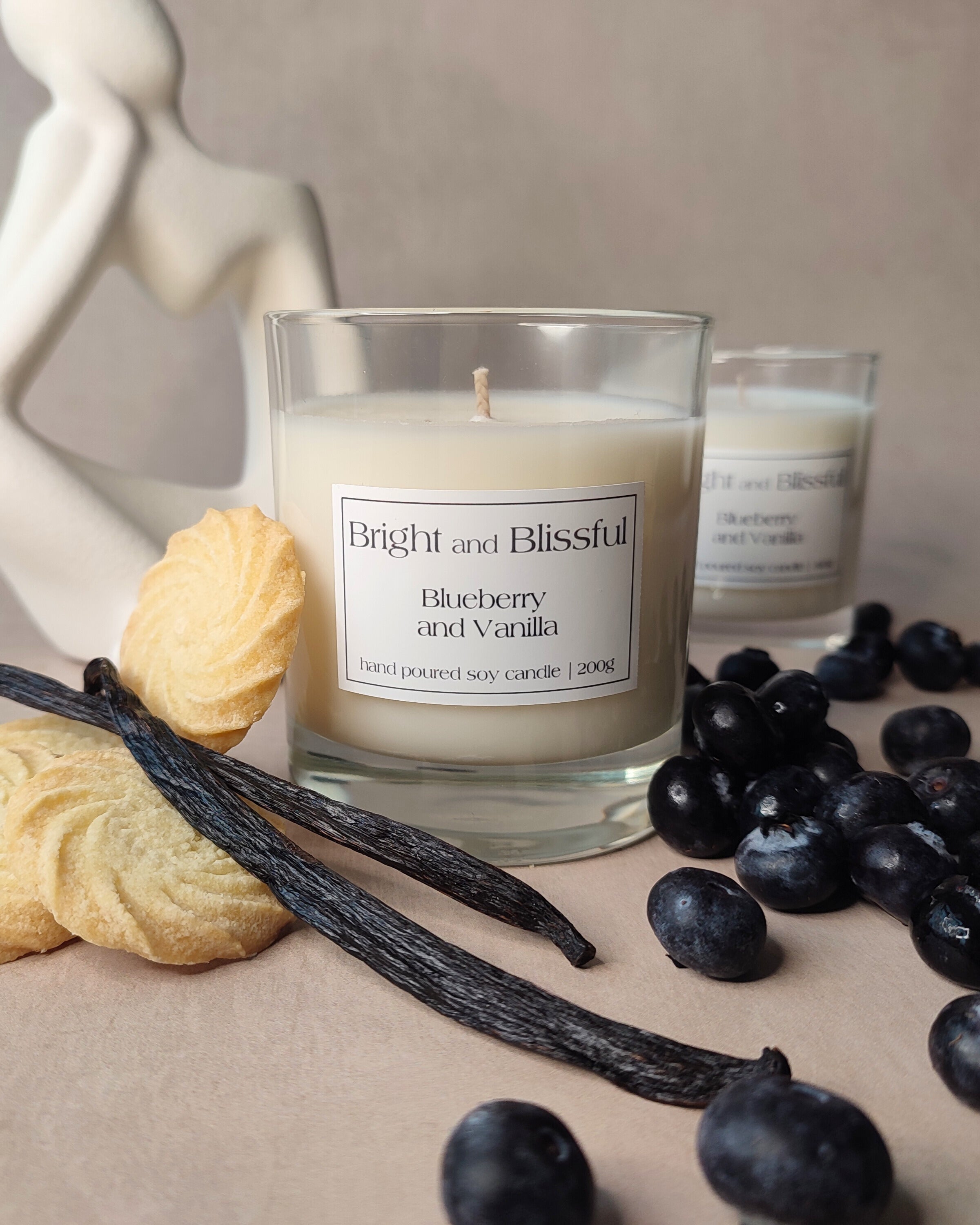 Candle labeled 'Bright and Blissful Blueberry and Vanilla' with vanilla beans and blueberries on a neutral background