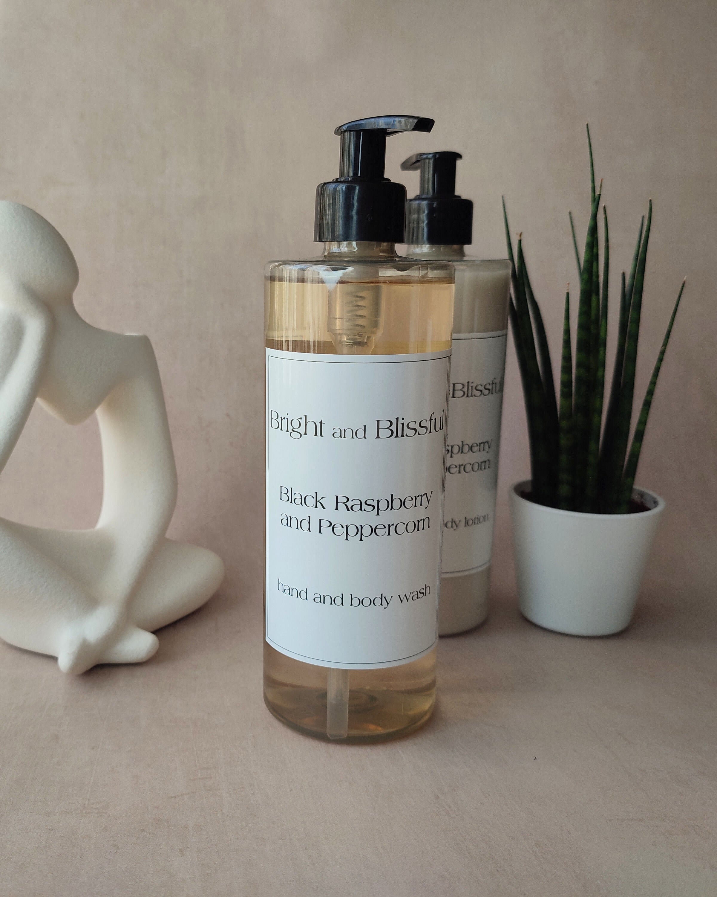Two bottles of 'Bright and Blissful' hand and body wash with a plant and sculpture on a beige background
