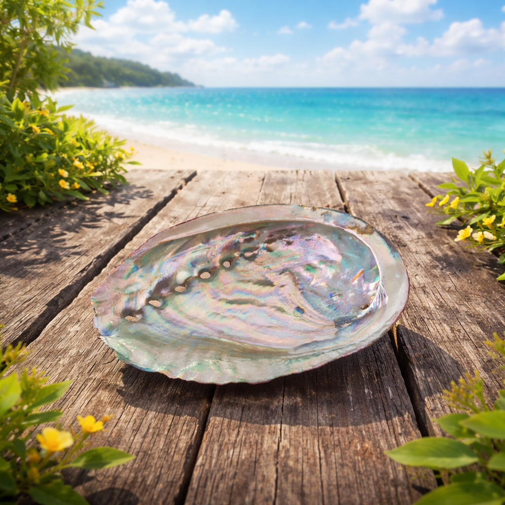 Abalone shell on a wooden surface with a beach and ocean in the background