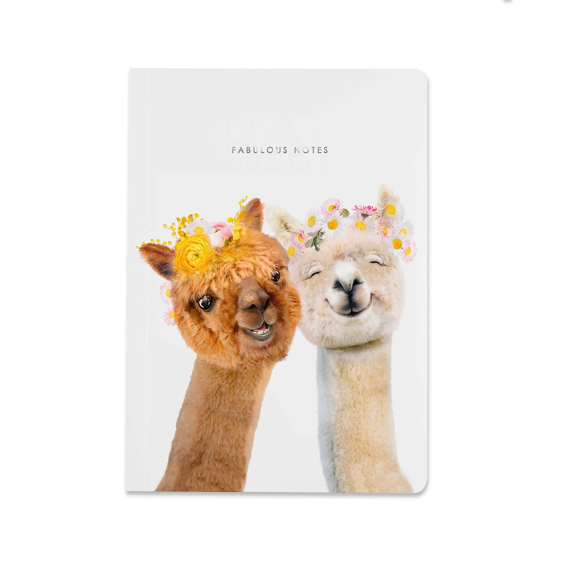 Notebook with two Alpacas wearing flower crowns on a white background