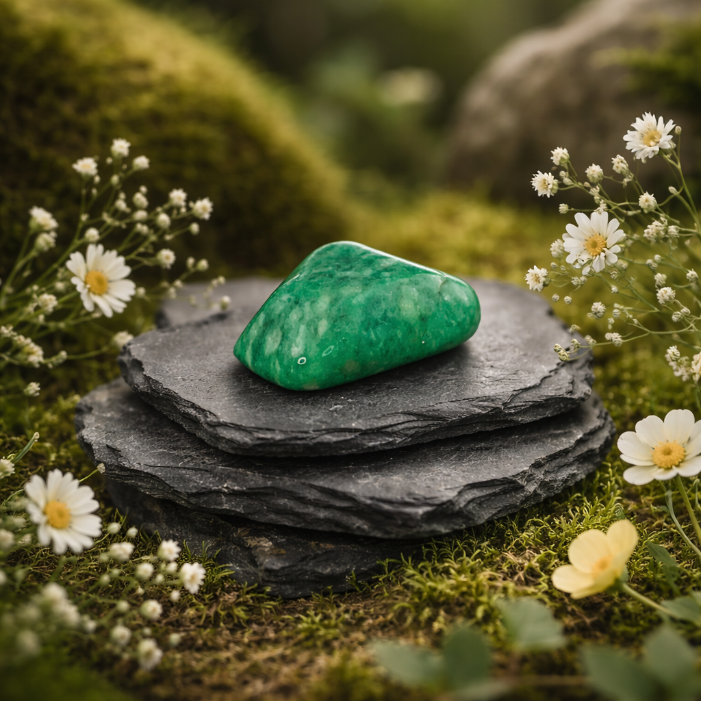 Green Amazonite tumblestone on a slated rock with white flowers in a natural setting