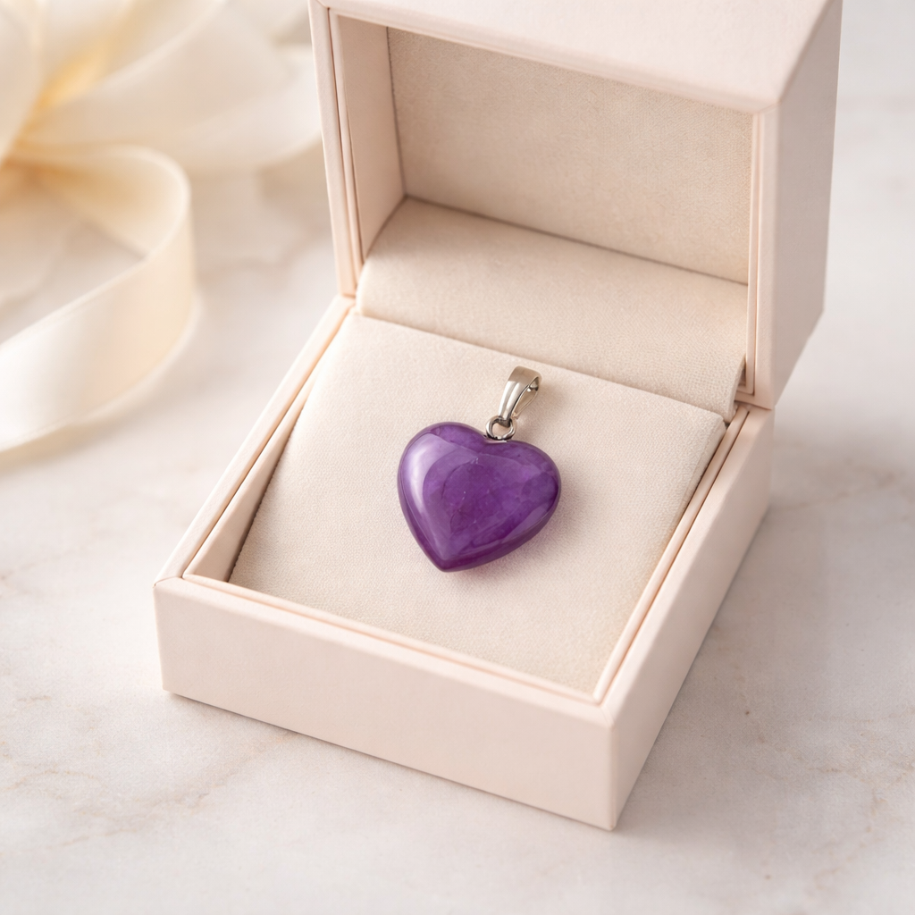 Purple heart-shaped pendant in a beige jewelry box on a light background