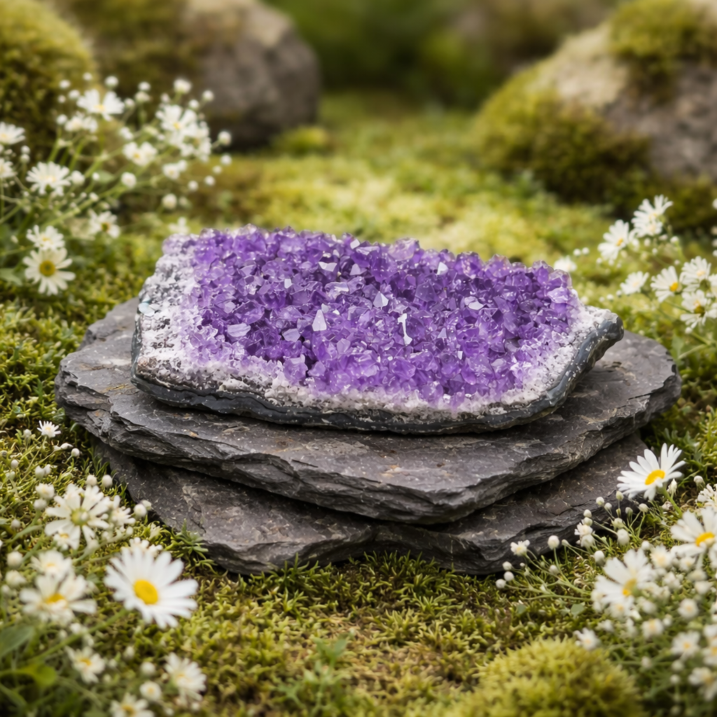 Purple crystal on a stack of stones surrounded by greenery and white flowers