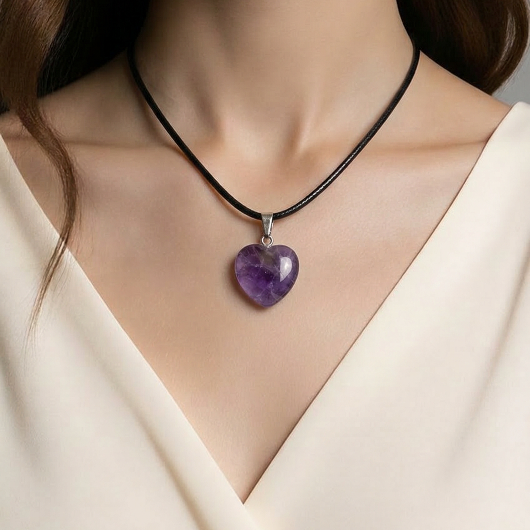 Close-up of a woman wearing a necklace with a purple amethyst crystal heart-shaped pendant.