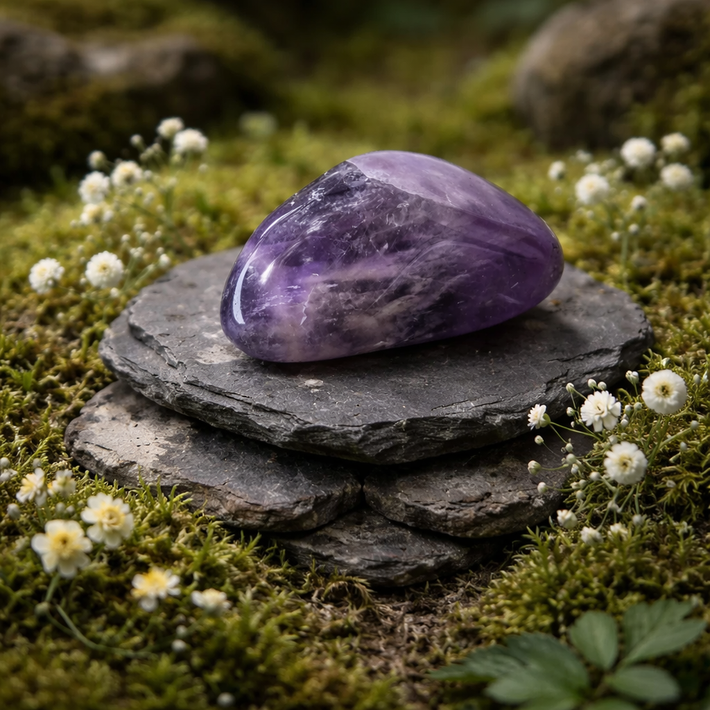 Purple Amethyst tumblestone on a slated rock with white flowers in a natural setting