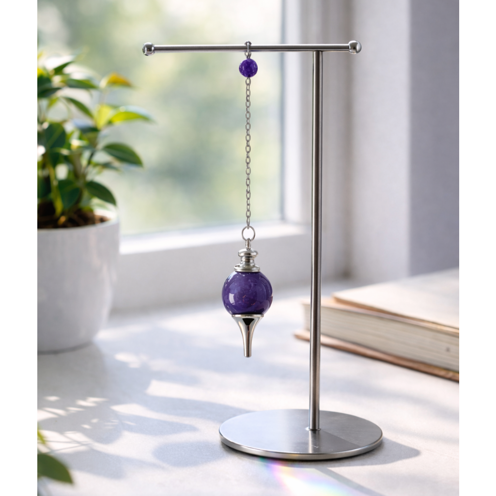 Purple pendulum on a metal stand with a blurred indoor background