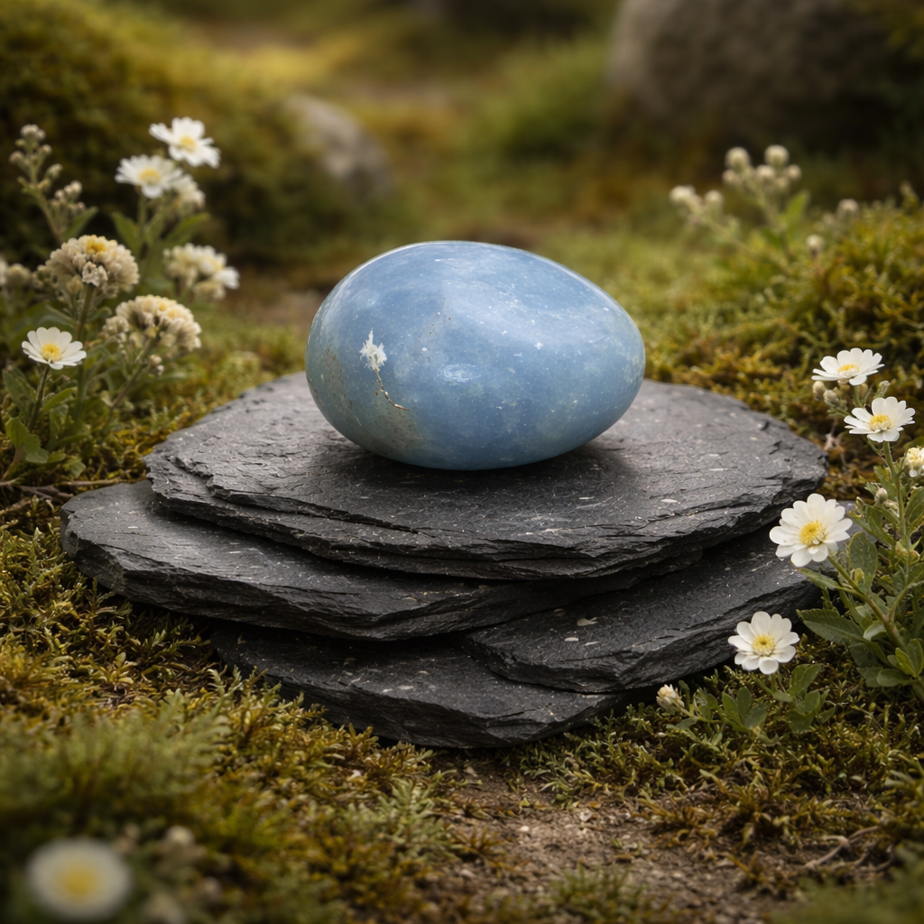 Angelite crystal on stacked stones with white flowers in a natural setting