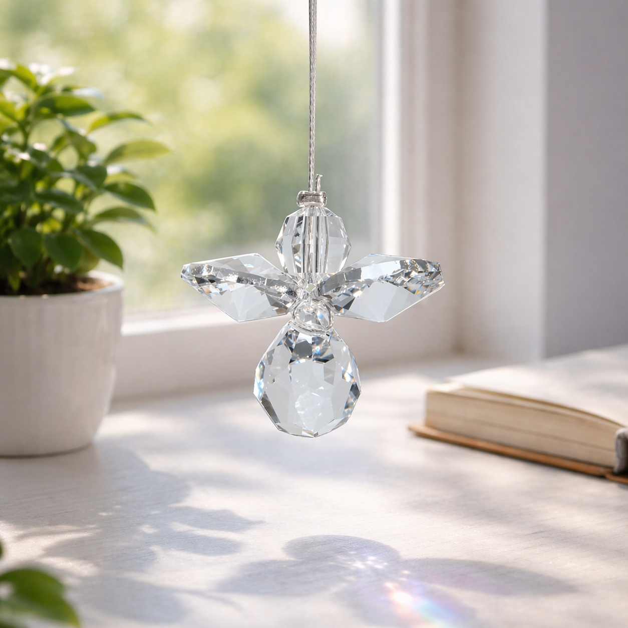 Crystal angel ornament on a windowsill with a plant and book in the background