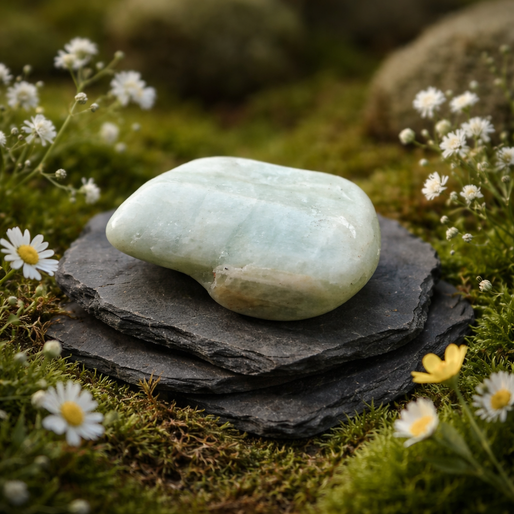 Aquamarine pebble on stacked black stones with flowers in a natural setting
