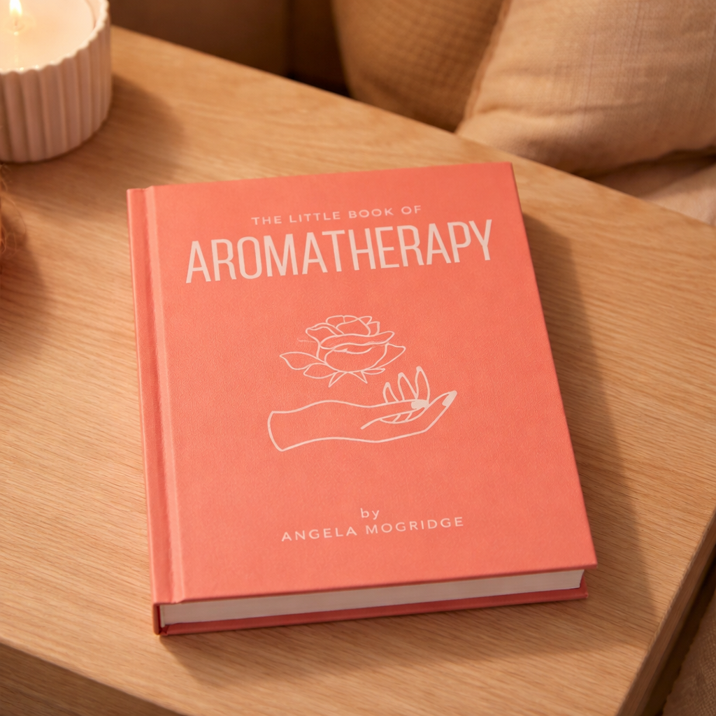 Book titled 'The Little Book of Aromatherapy' by Angela McGregor on a wooden surface.