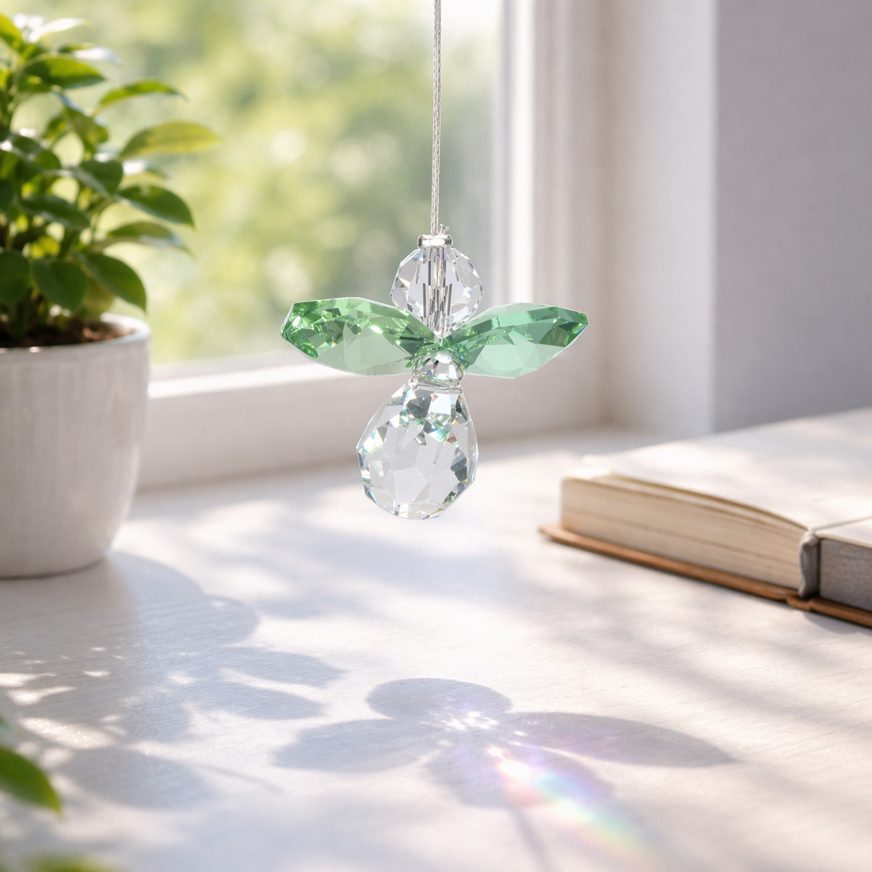 Colorful crystal angel decoration hanging on a wire with a plant and book in the background.