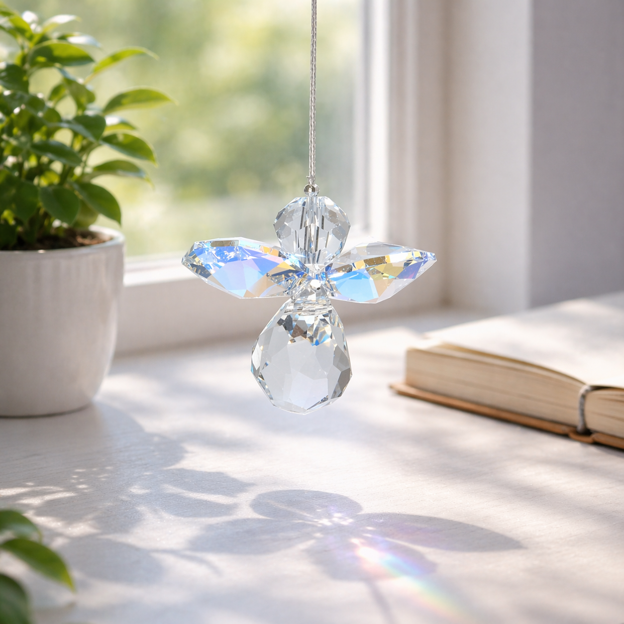Colorful crystal angel decoration hanging on a wire with a plant and book in the background.