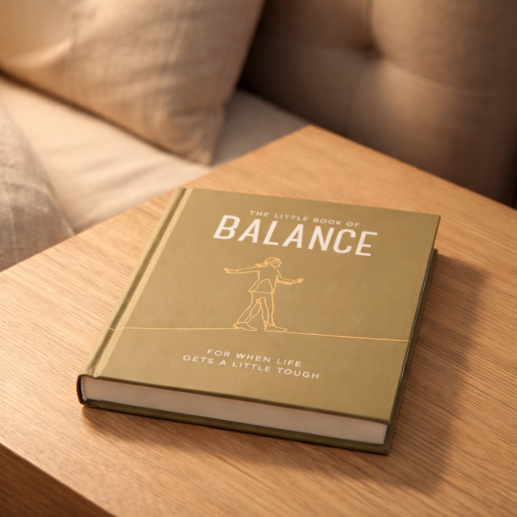 Book titled 'The Little Book of Balance' on a wooden surface with a blurred background