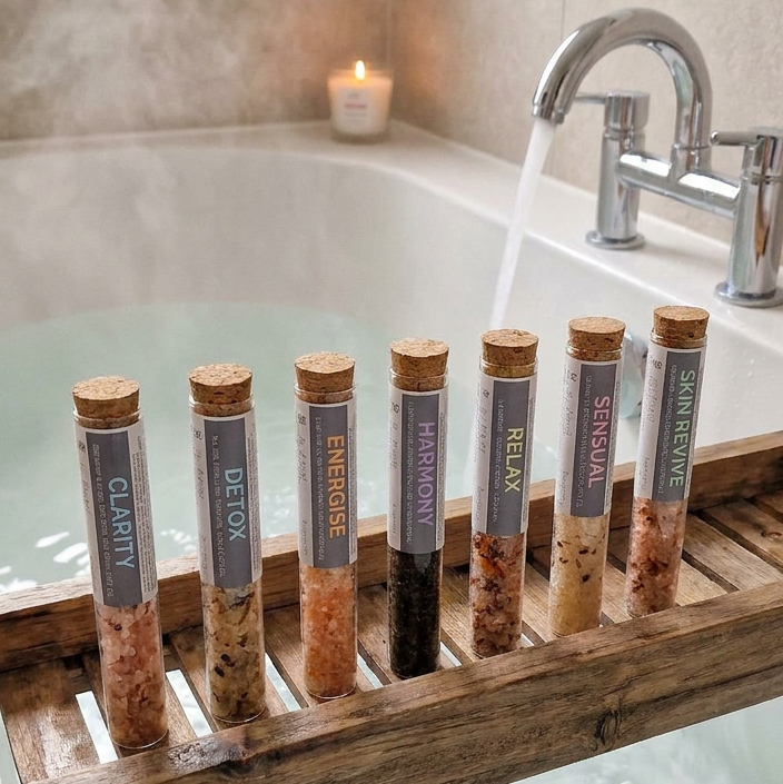 Bath salts in wooden tubes on a bathtub ledge with a candle in the background.
