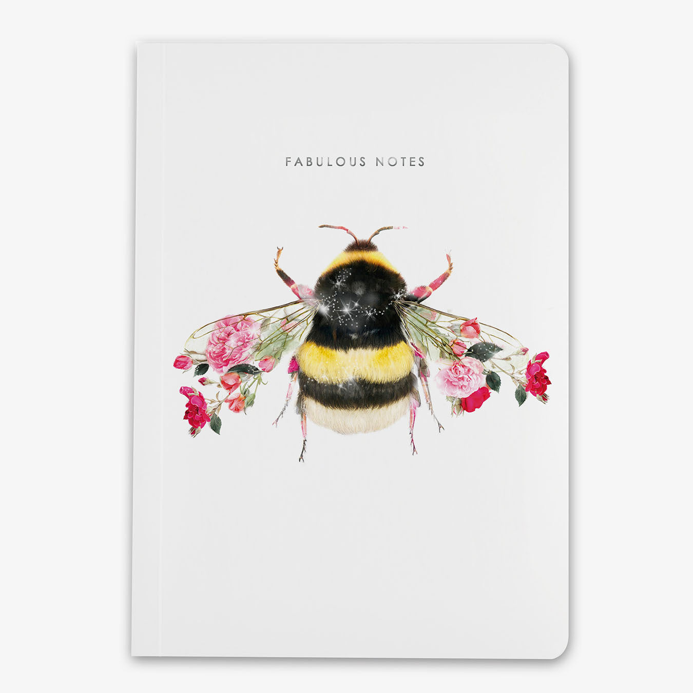 Notebook with a bee and floral design on the cover, titled 'Fabulous Notes'.
