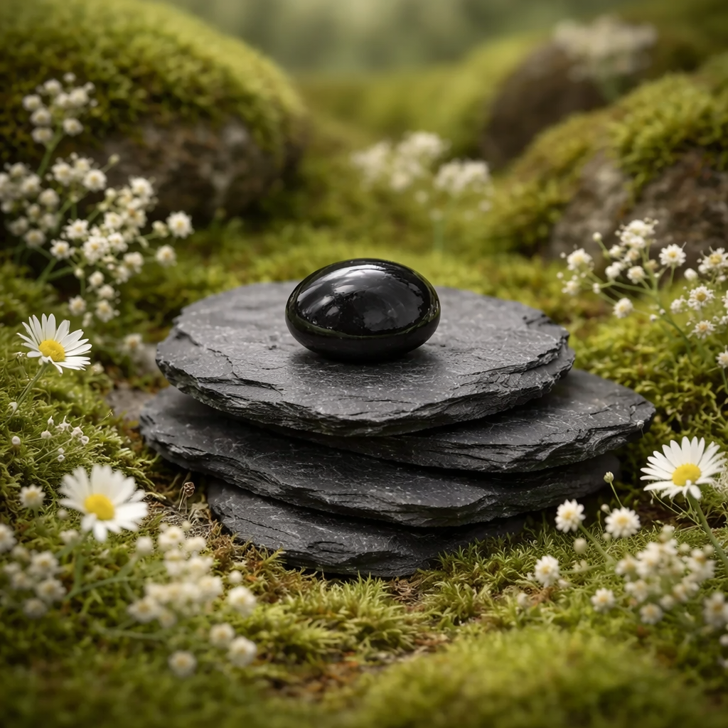 Black Onyx on stacked stones surrounded by moss and flowers