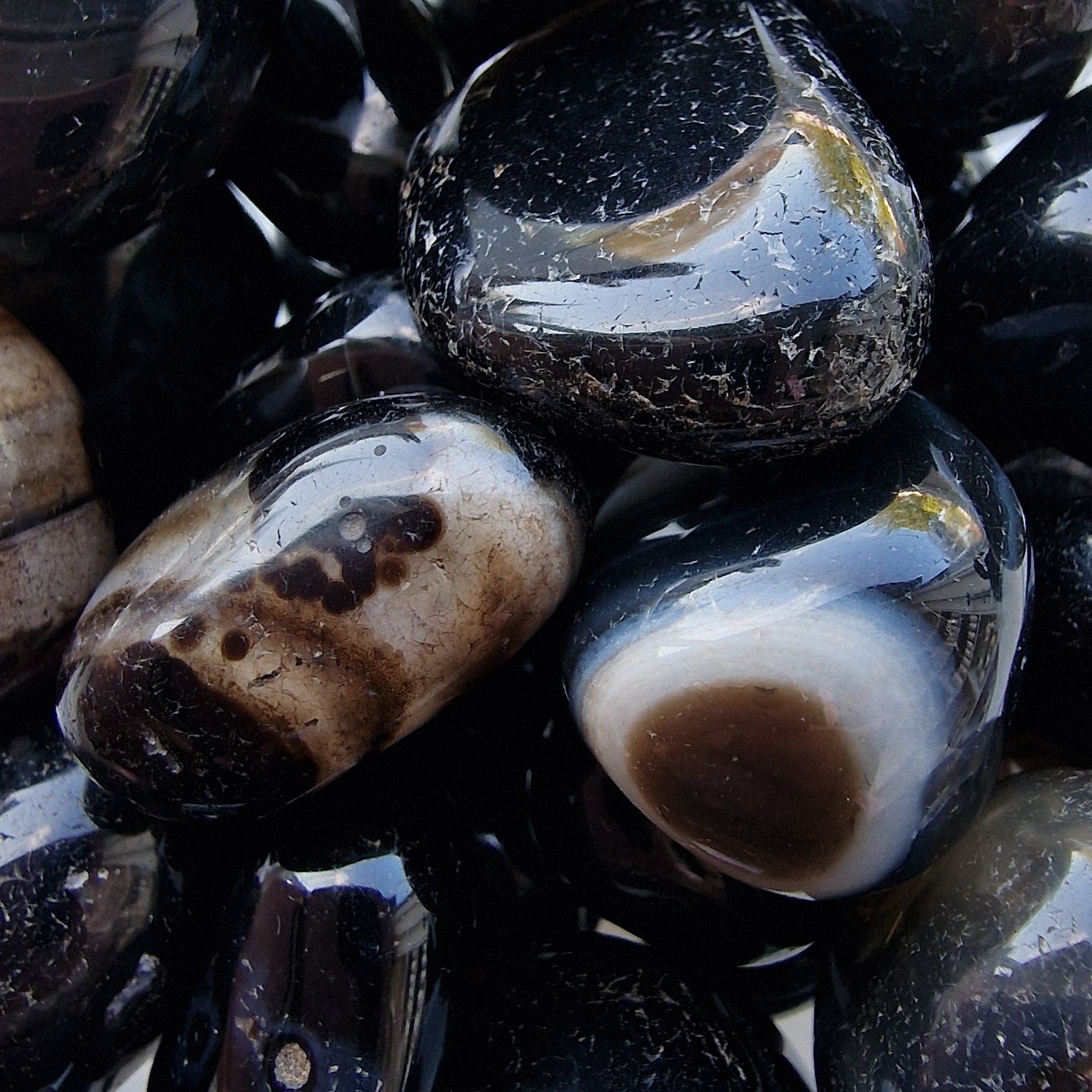 Collection of polished black and brown stones 