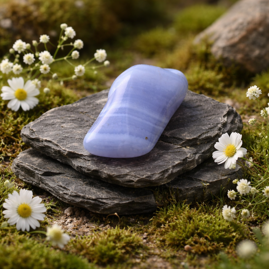 Blue Lace Agate on stacked stones with white flowers in a natural setting