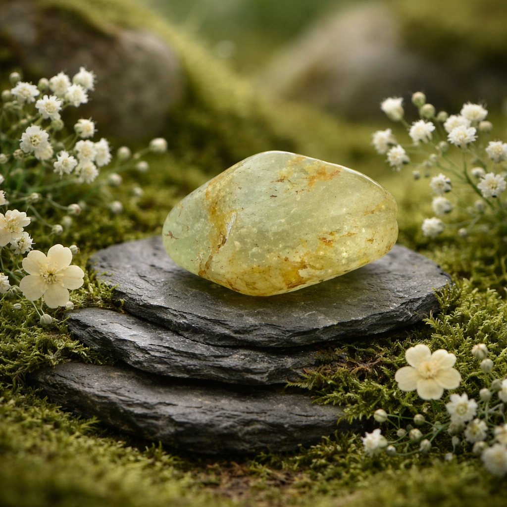 Blue Topaz Tumblestone on stacked stones with white flowers in a natural setting