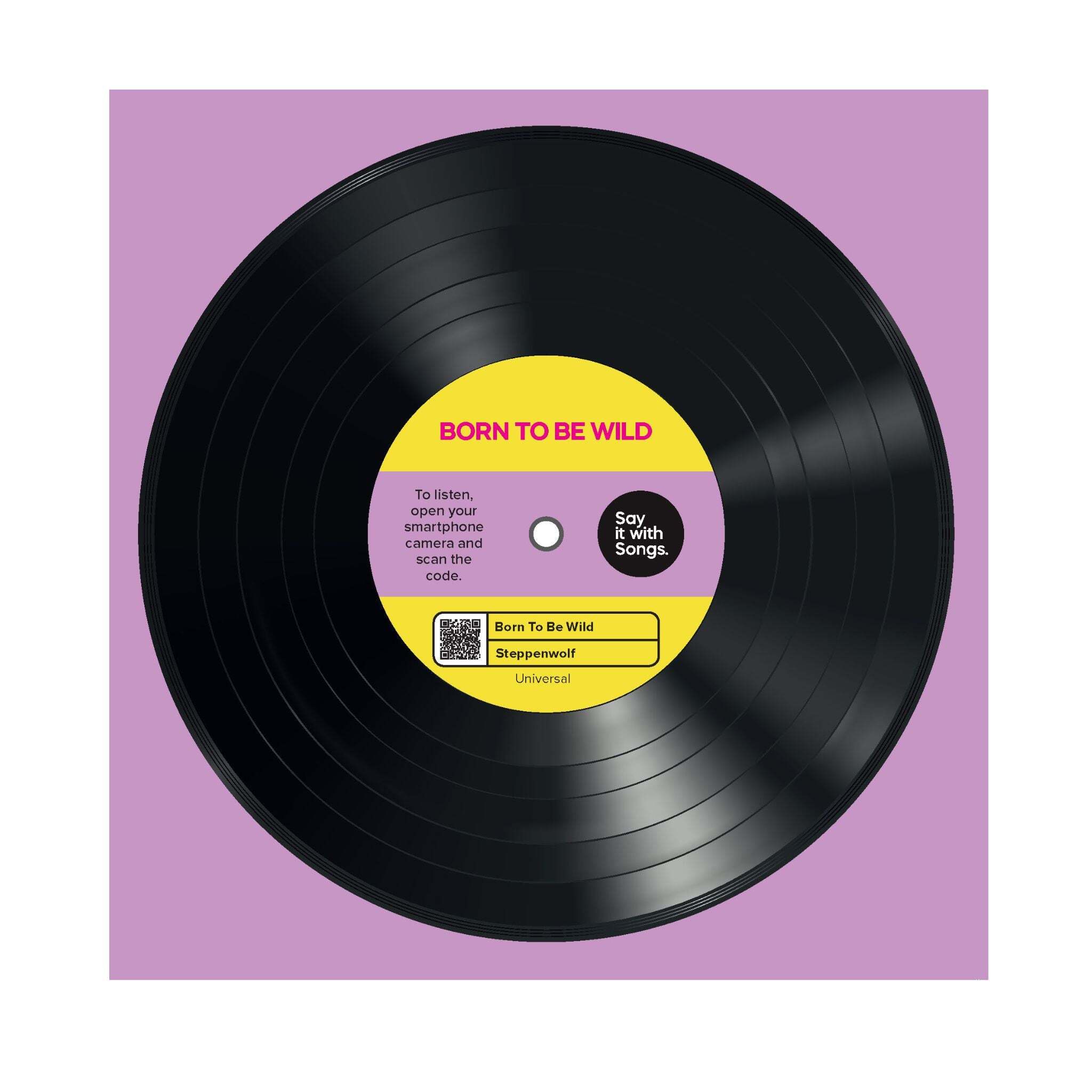 Vinyl record with a yellow label on a purple background