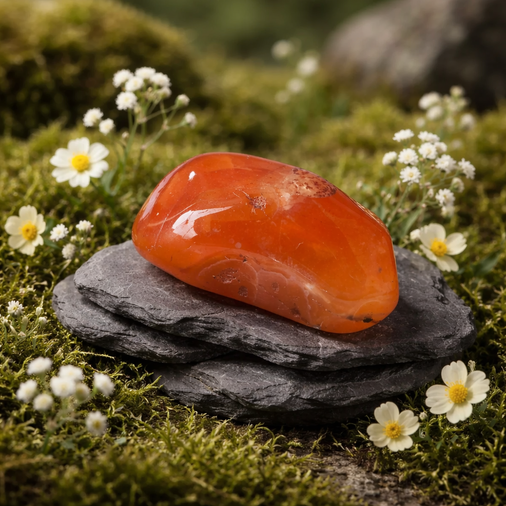 Orange carnelian tumblestone on a black stone surrounded by white flowers and green moss