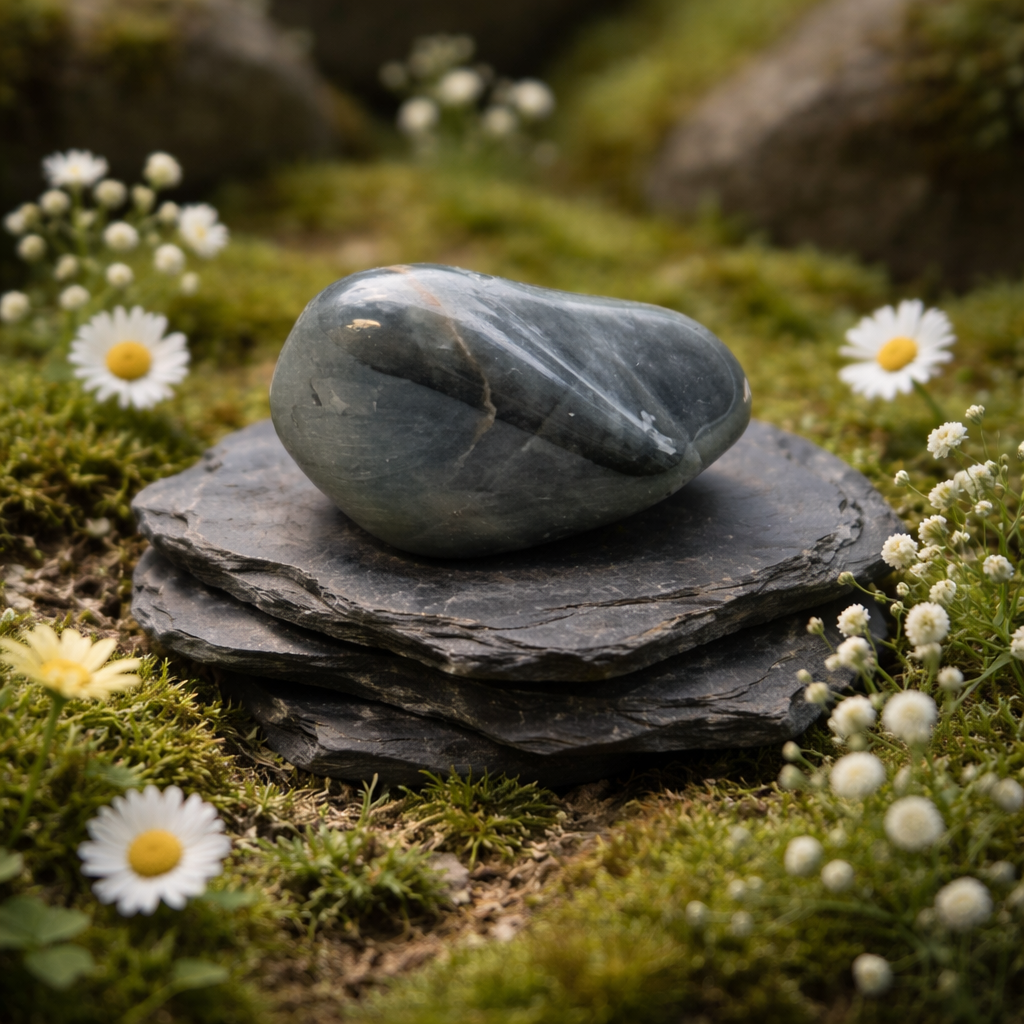 Stack of stones with a Cats Eye tumblestone on top, surrounded by small white flowers and green moss.
