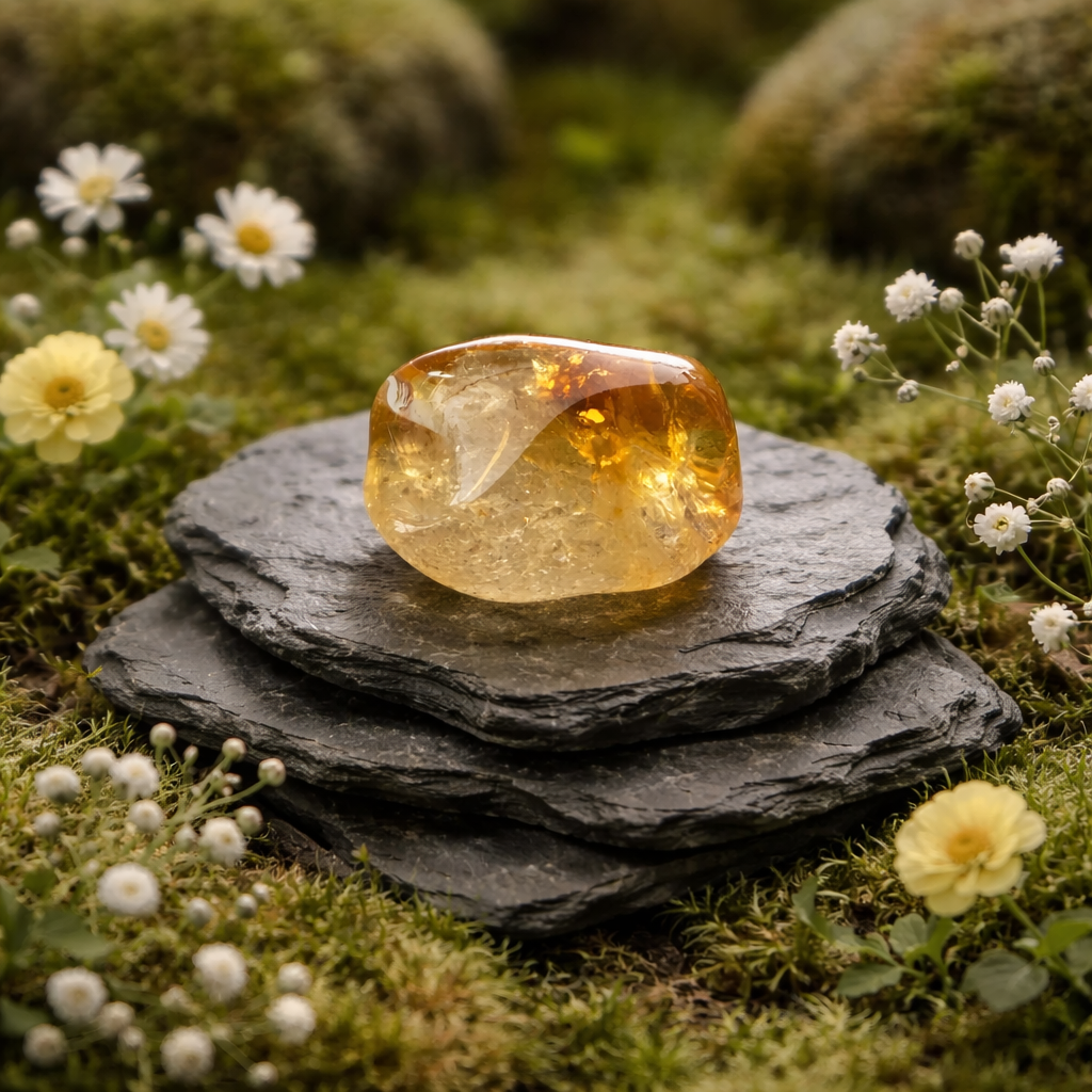 Yellow Citrine tumblestone on a stack of black stones with flowers in the background