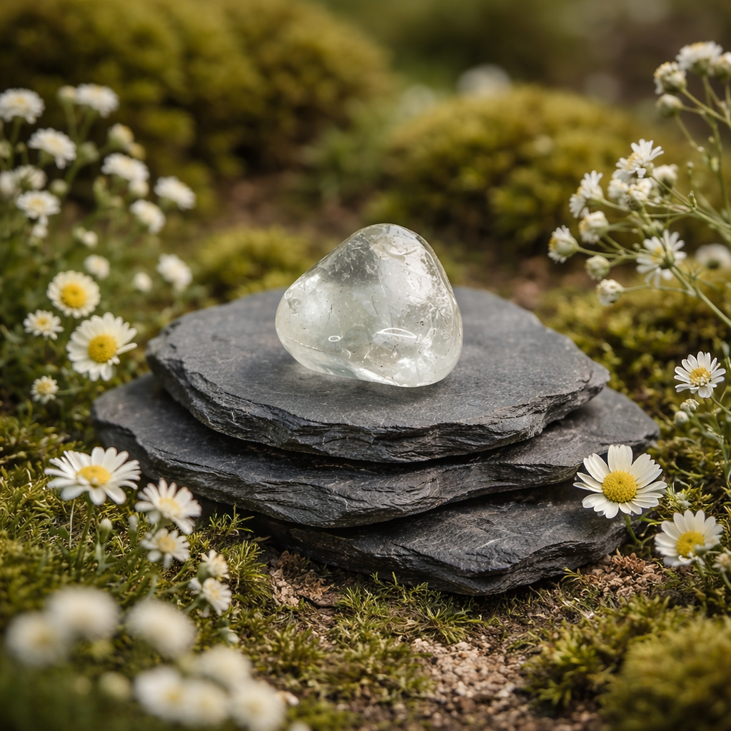 Clear quartz crystal on stacked stones surrounded by moss and flowers