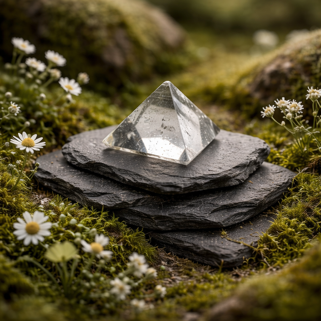 Clear crystal pyramid on stacked stones with moss and small flowers in the background