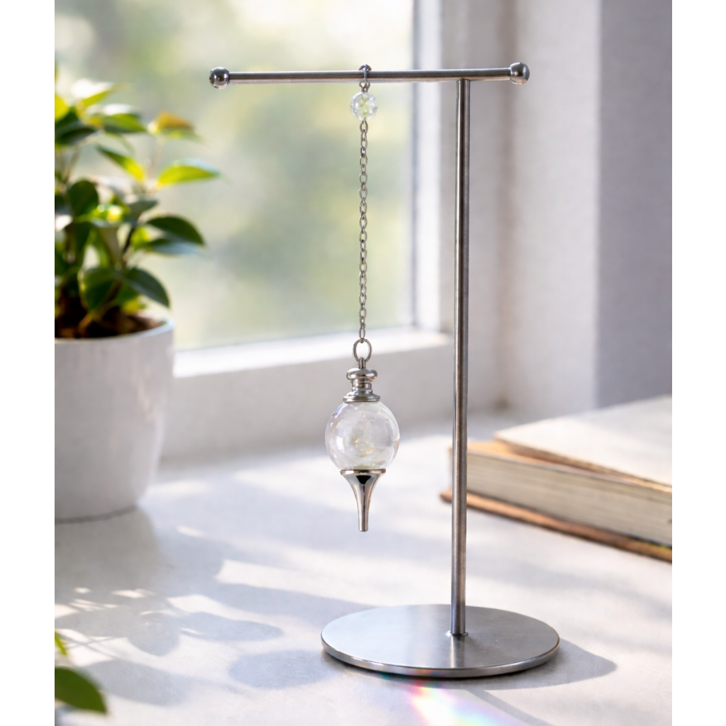 Clear Quartz pendulum on a stand with a blurred indoor background