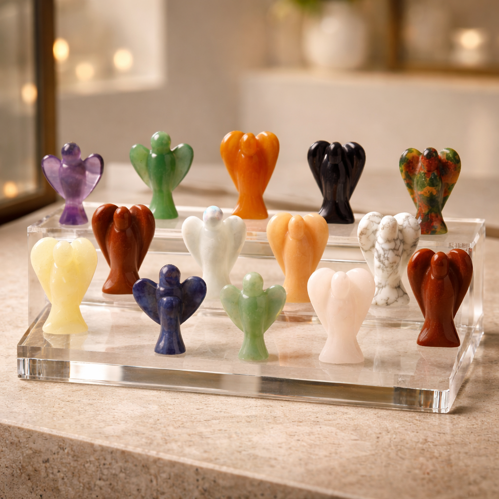 Colourful crystal angel figurines on a clear stand with a blurred background