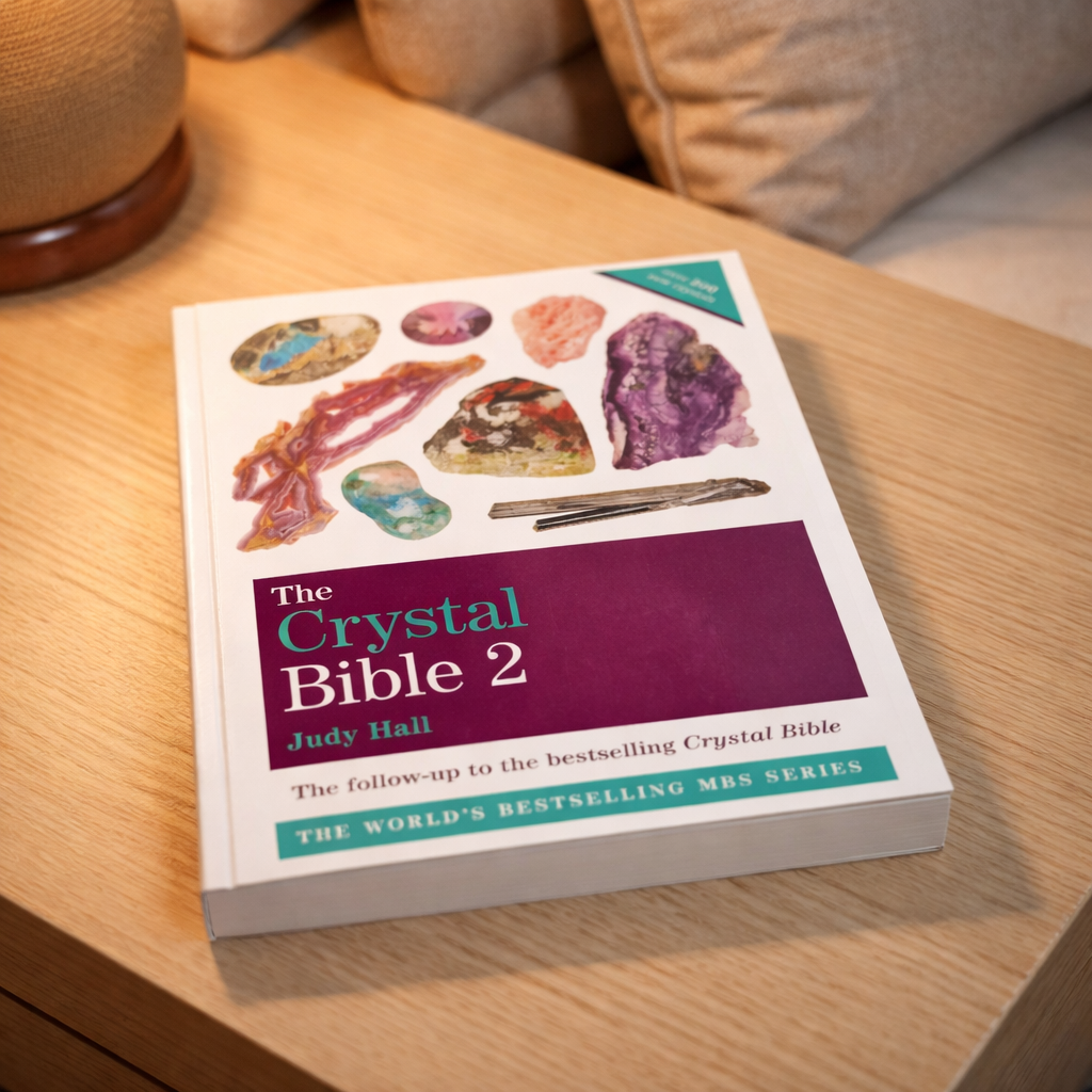 Book titled 'The Crystal Bible 2' by Judy Hall on a wooden surface.