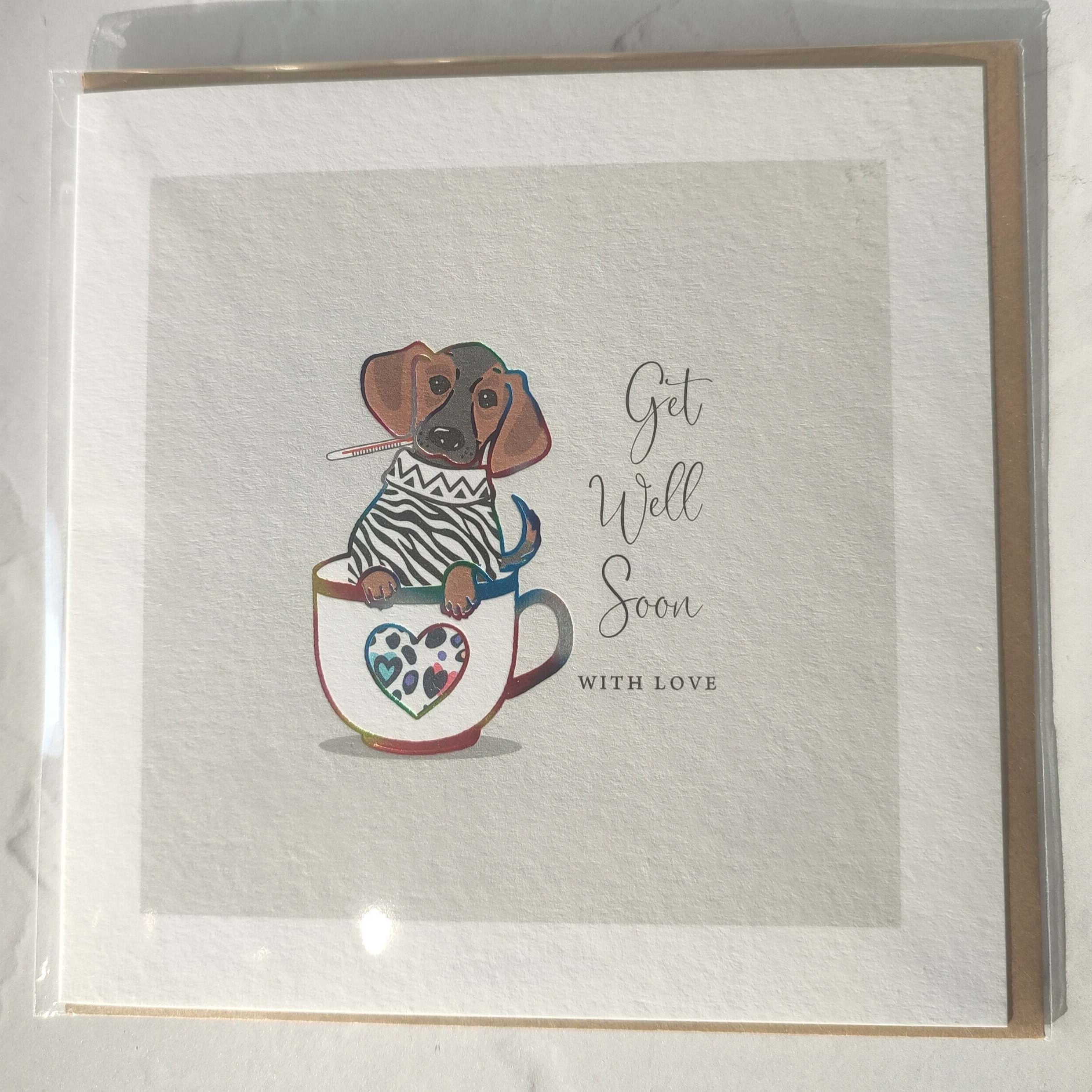 Card with a dachshund in a cup and 'Get Well Soon' text on a white background