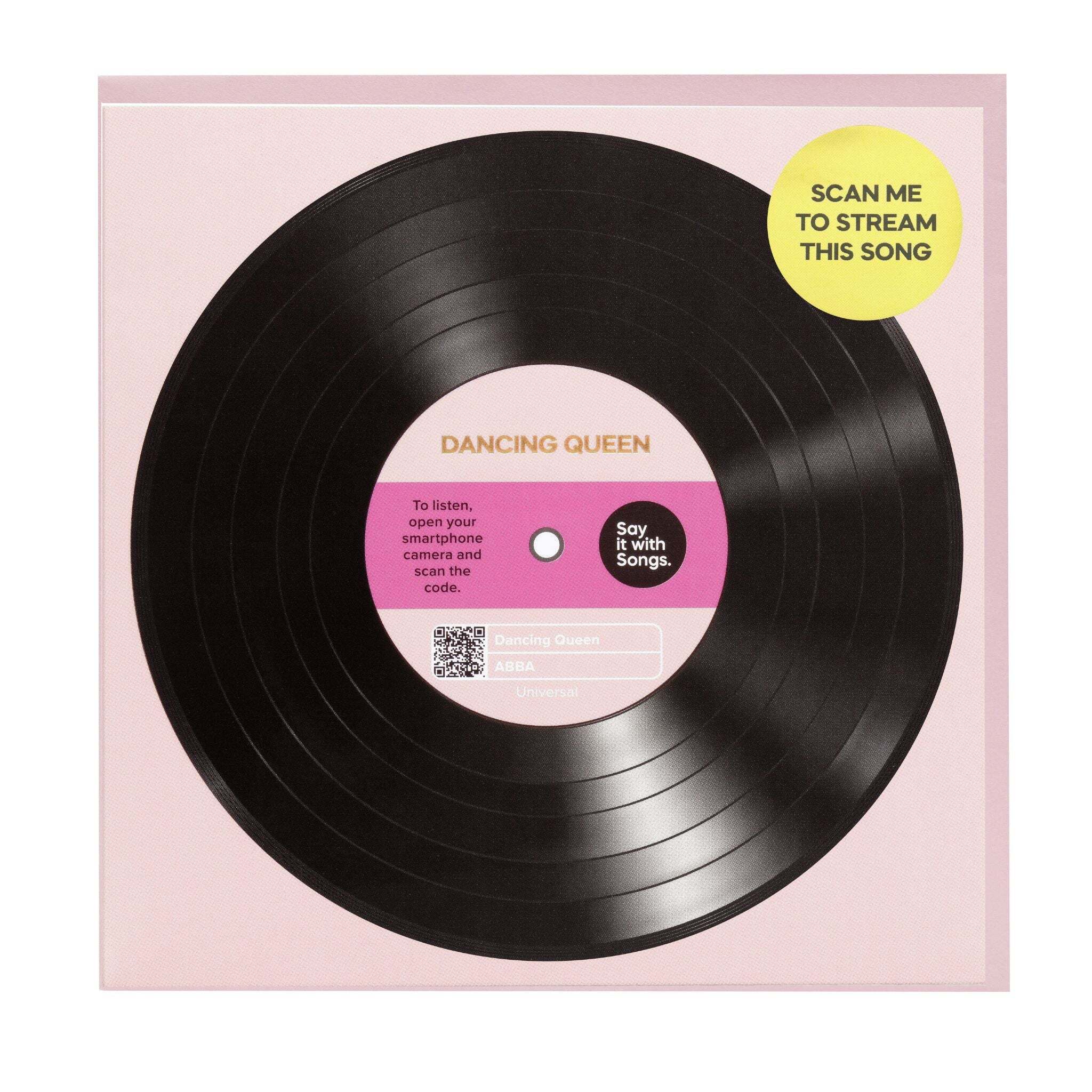 Vinyl record with a pink label and QR code on a light pink background