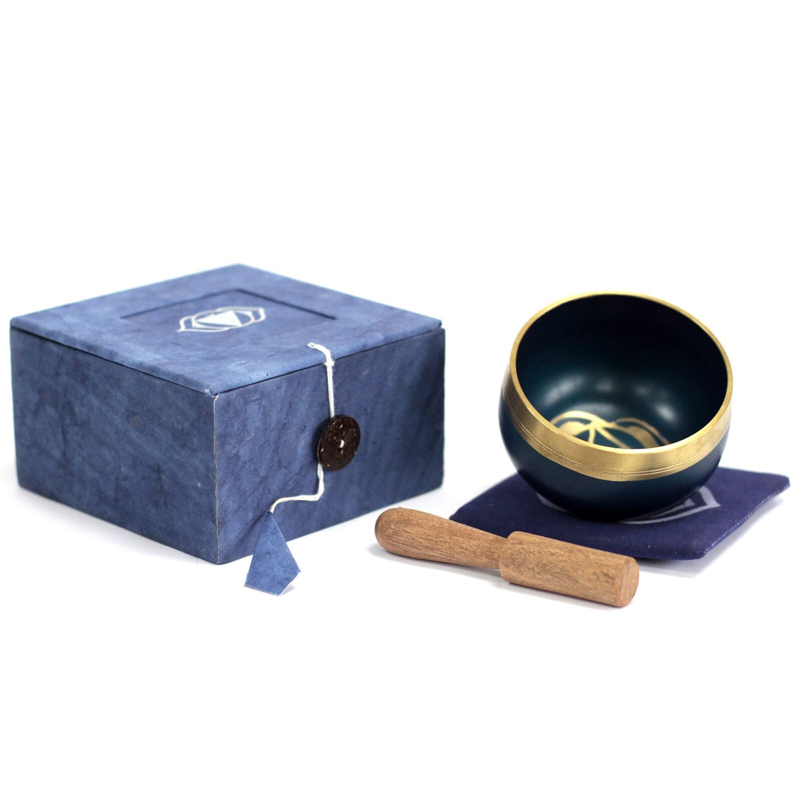 Dark Blue singing bowl set with wooden striker and box on a white background