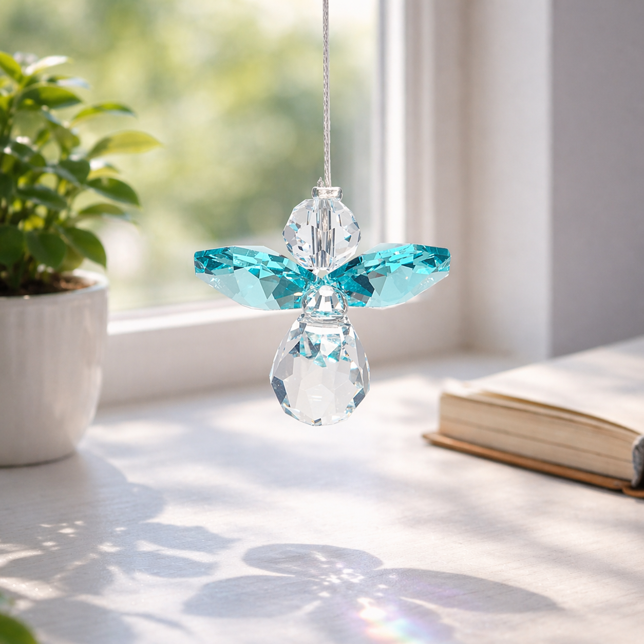 Crystal angel ornament on a windowsill with a plant and book in the background