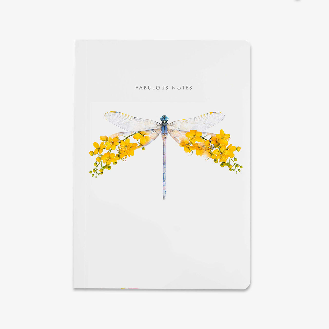 Notebook with a dragonfly and yellow flowers design on a white background