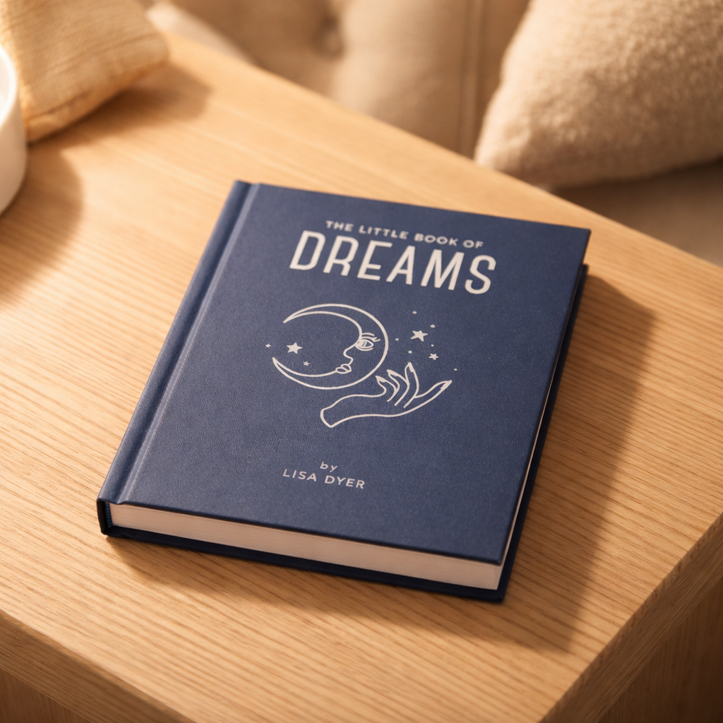 Blue book titled 'The Little Book of Dreams' by Lisa Dyer on a wooden surface.