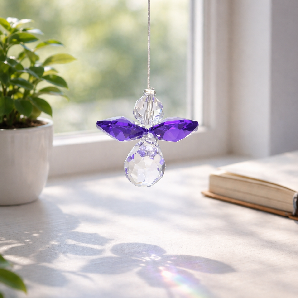 Crystal angel ornament with purple wings on a windowsill with a plant and book in the background